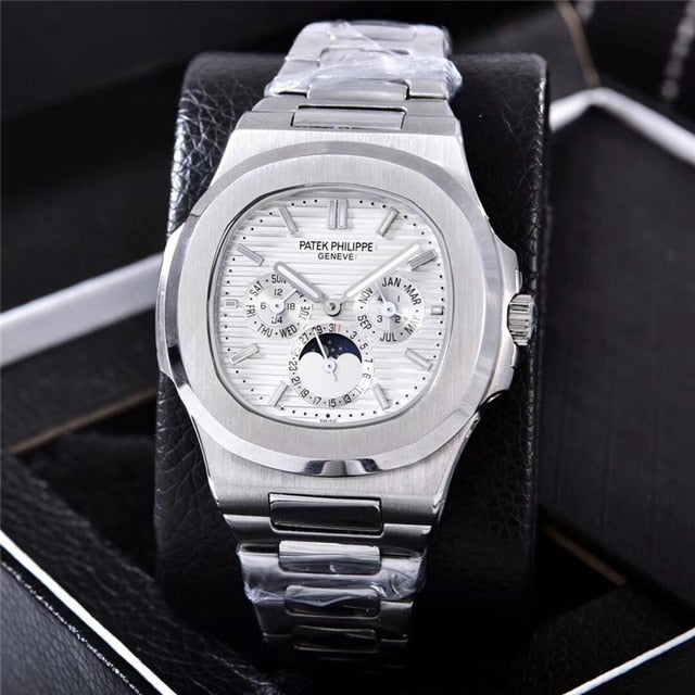 Patek- Philippe- New Automatic Mechanical Men Watch Silver Blue Stainless Steel Transparent Sapphire Glass Glide Watches 13457