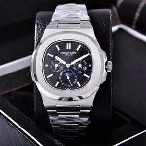 Patek- Philippe- New Automatic Mechanical Men Watch Silver Blue Stainless Steel Transparent Sapphire Glass Glide Watches 13457
