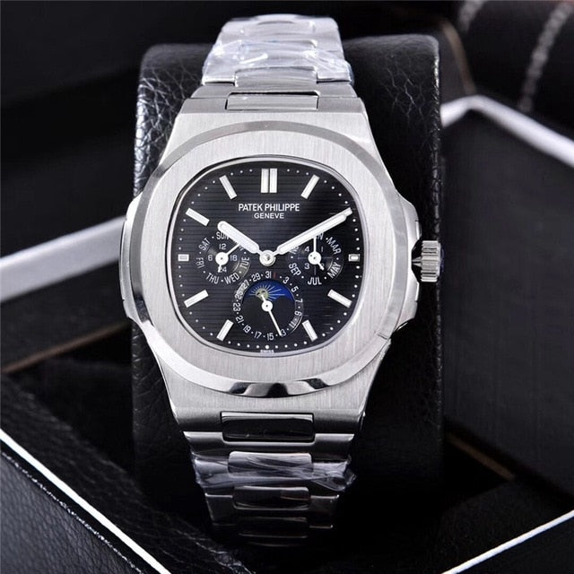 Patek- Philippe- New Automatic Mechanical Men Watch Silver Blue Stainless Steel Transparent Sapphire Glass Glide Watches 13457