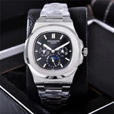 Patek- Philippe- New Automatic Mechanical Men Watch Silver Blue Stainless Steel Transparent Sapphire Glass Glide Watches 13457