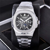 Patek- Philippe- New Automatic Mechanical Men Watch Silver Blue Stainless Steel Transparent Sapphire Glass Glide Watches 13457