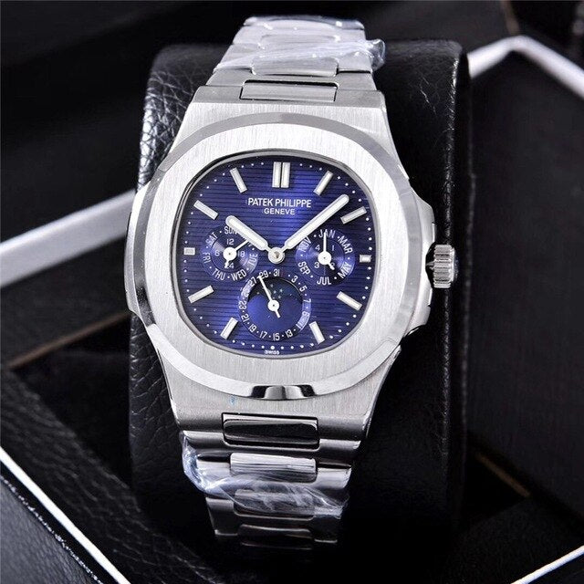 Patek- Philippe- New Automatic Mechanical Men Watch Silver Blue Stainless Steel Transparent Sapphire Glass Glide Watches 13457