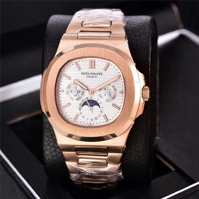 Patek- Philippe- New Automatic Mechanical Men Watch Silver Blue Stainless Steel Transparent Sapphire Glass Glide Watches 13457