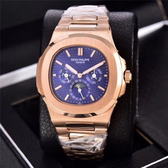 Patek- Philippe- New Automatic Mechanical Men Watch Silver Blue Stainless Steel Transparent Sapphire Glass Glide Watches 13457