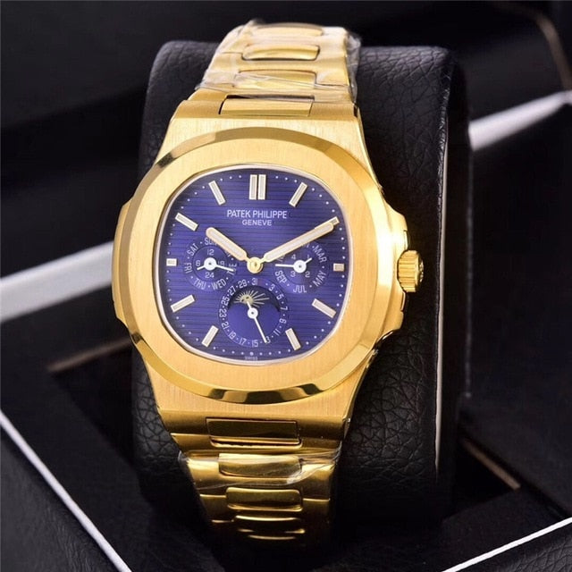 Patek- Philippe- New Automatic Mechanical Men Watch Silver Blue Stainless Steel Transparent Sapphire Glass Glide Watches 13457