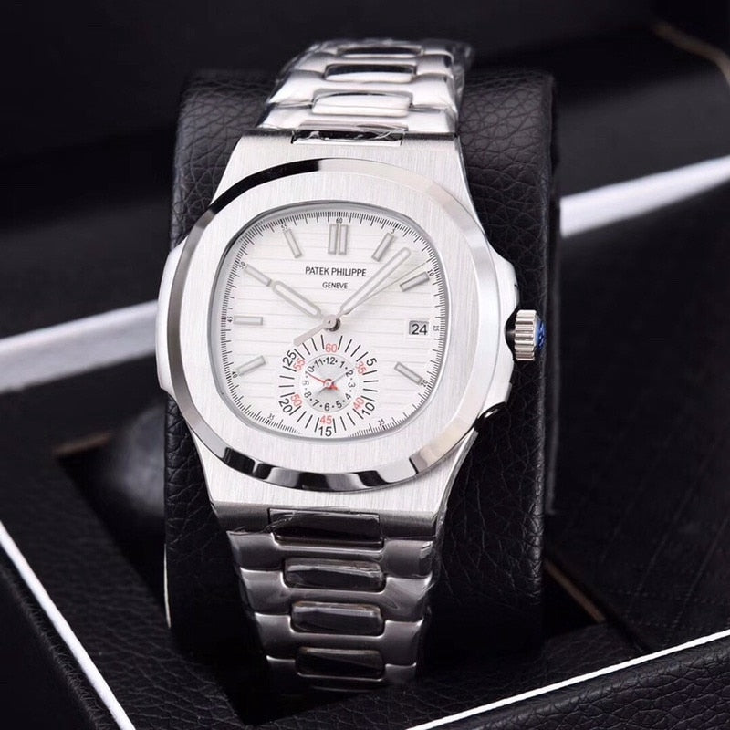 Patek- Philippe- New Automatic Mechanical Men Watch Silver Blue Stainless Steel Transparent Sapphire Glass Glide Watches 91633