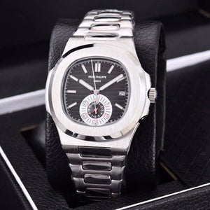 Patek- Philippe- New Automatic Mechanical Men Watch Silver Blue Stainless Steel Transparent Sapphire Glass Glide Watches 91633