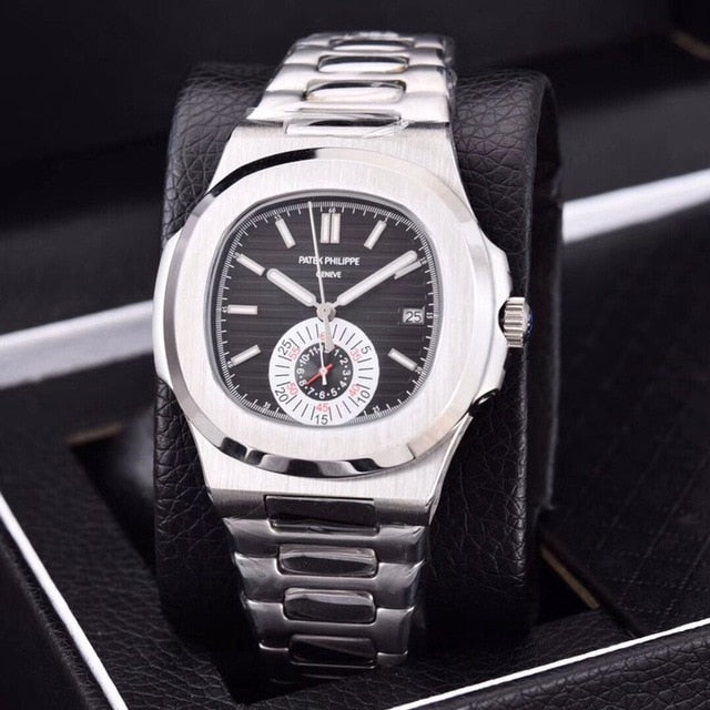 Patek- Philippe- New Automatic Mechanical Men Watch Silver Blue Stainless Steel Transparent Sapphire Glass Glide Watches 91633