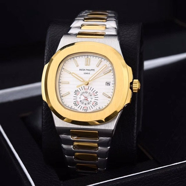 Patek- Philippe- New Automatic Mechanical Men Watch Silver Blue Stainless Steel Transparent Sapphire Glass Glide Watches 91633