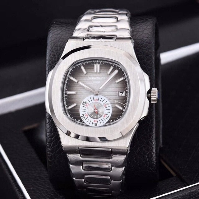 Patek- Philippe- New Automatic Mechanical Men Watch Silver Blue Stainless Steel Transparent Sapphire Glass Glide Watches 91633