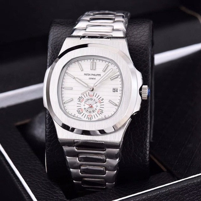 Patek- Philippe- New Automatic Mechanical Men Watch Silver Blue Stainless Steel Transparent Sapphire Glass Glide Watches 91633