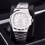 Patek- Philippe- New Automatic Mechanical Men Watch Silver Blue Stainless Steel Transparent Sapphire Glass Glide Watches 91633