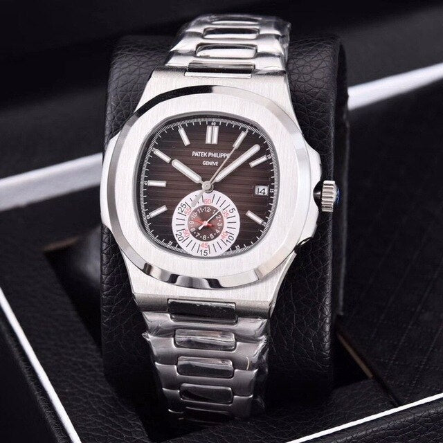 Patek- Philippe- New Automatic Mechanical Men Watch Silver Blue Stainless Steel Transparent Sapphire Glass Glide Watches 91633