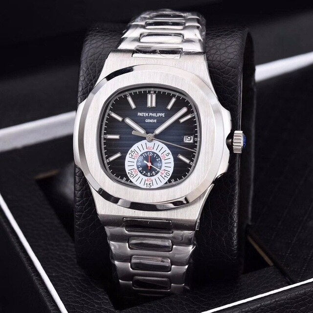 Patek- Philippe- New Automatic Mechanical Men Watch Silver Blue Stainless Steel Transparent Sapphire Glass Glide Watches 91633