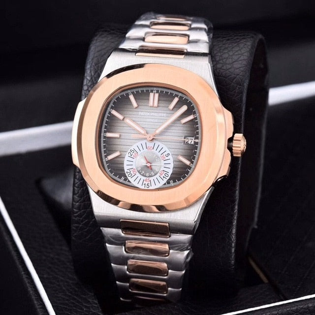 Patek- Philippe- New Automatic Mechanical Men Watch Silver Blue Stainless Steel Transparent Sapphire Glass Glide Watches 91633