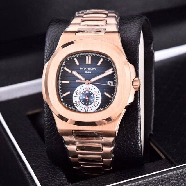 Patek- Philippe- New Automatic Mechanical Men Watch Silver Blue Stainless Steel Transparent Sapphire Glass Glide Watches 91633
