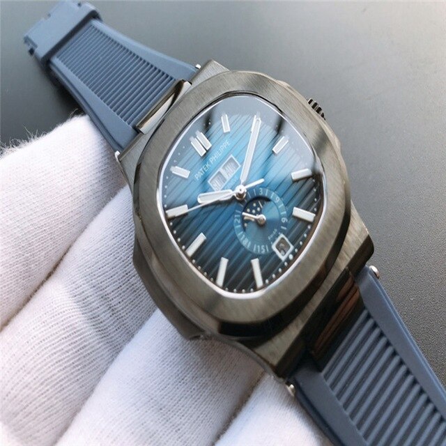 Patek- Philippe- New Automatic Mechanical Men Watch Silver Blue Stainless Steel Transparent Sapphire Glass Glide Watches 9633