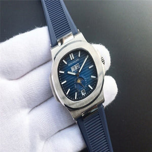 Patek- Philippe- New Automatic Mechanical Men Watch Silver Blue Stainless Steel Transparent Sapphire Glass Glide Watches 9633