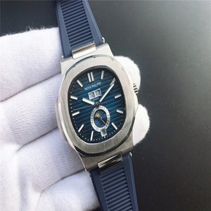 Patek- Philippe- New Automatic Mechanical Men Watch Silver Blue Stainless Steel Transparent Sapphire Glass Glide Watches 9633