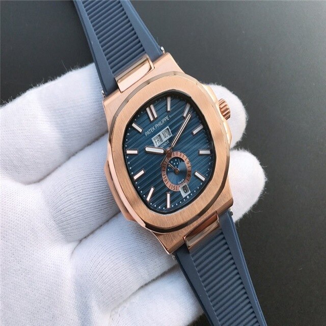 Patek- Philippe- New Automatic Mechanical Men Watch Silver Blue Stainless Steel Transparent Sapphire Glass Glide Watches 9633