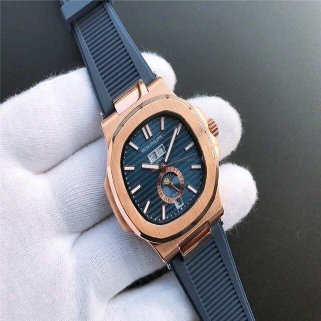 Patek- Philippe- New Automatic Mechanical Men Watch Silver Blue Stainless Steel Transparent Sapphire Glass Glide Watches 9633