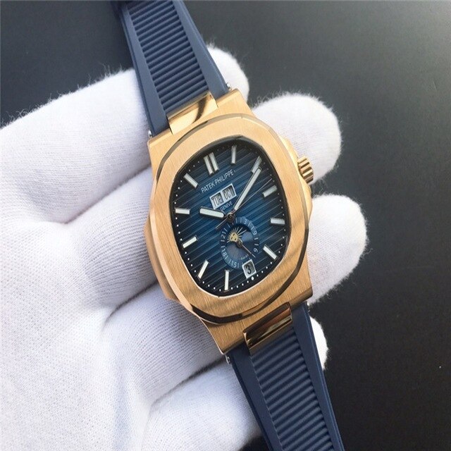 Patek- Philippe- New Automatic Mechanical Men Watch Silver Blue Stainless Steel Transparent Sapphire Glass Glide Watches 9633