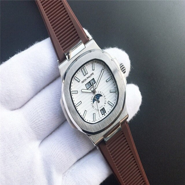 Patek- Philippe- New Automatic Mechanical Men Watch Silver Blue Stainless Steel Transparent Sapphire Glass Glide Watches 9633