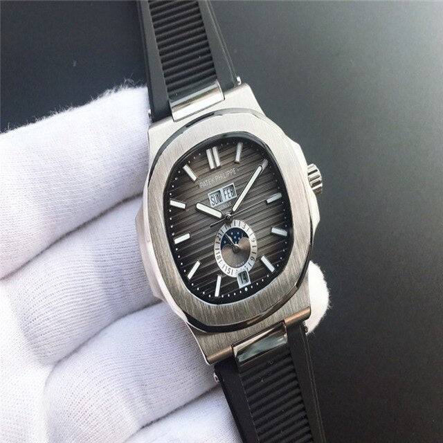 Patek- Philippe- New Automatic Mechanical Men Watch Silver Blue Stainless Steel Transparent Sapphire Glass Glide Watches 9633