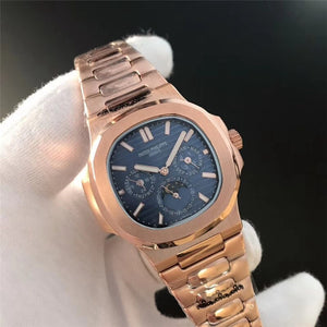 Patek- Philippe- New Automatic Mechanical Men Watch Silver Blue Stainless Steel Transparent Sapphire Glass Glide Watches 8654