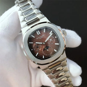 Patek- Philippe- New Automatic Mechanical Men Watch Silver Blue Stainless Steel Transparent Sapphire Glass Glide Watches 8654
