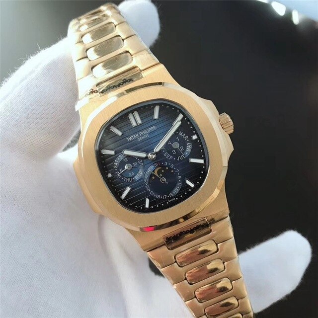 Patek- Philippe- New Automatic Mechanical Men Watch Silver Blue Stainless Steel Transparent Sapphire Glass Glide Watches 8654