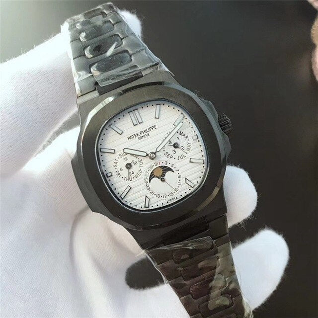 Patek- Philippe- New Automatic Mechanical Men Watch Silver Blue Stainless Steel Transparent Sapphire Glass Glide Watches 8654