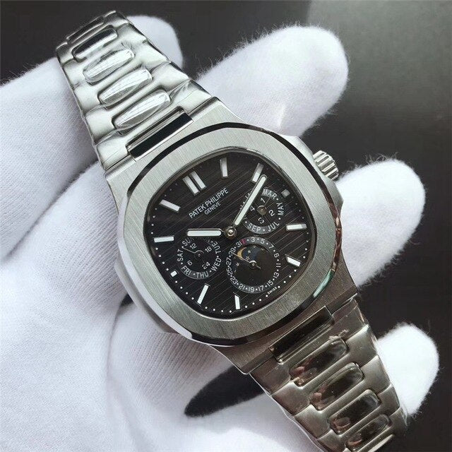 Patek- Philippe- New Automatic Mechanical Men Watch Silver Blue Stainless Steel Transparent Sapphire Glass Glide Watches 8654