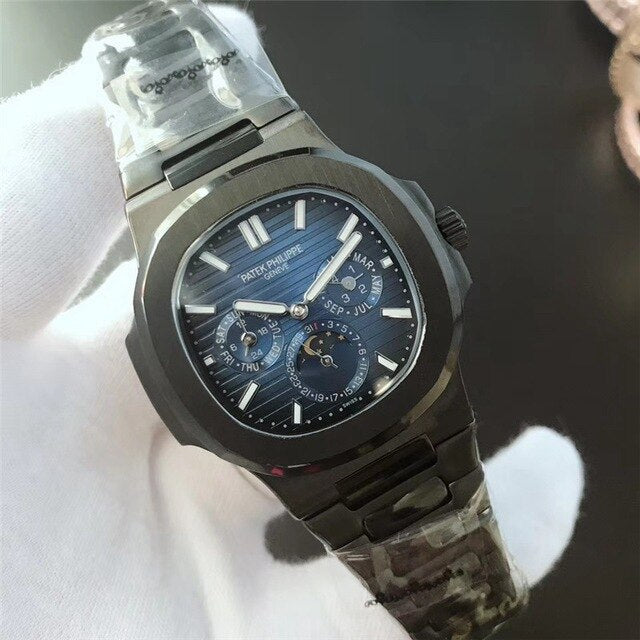 Patek- Philippe- New Automatic Mechanical Men Watch Silver Blue Stainless Steel Transparent Sapphire Glass Glide Watches 8654