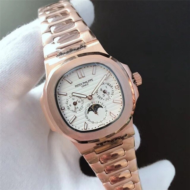 Patek- Philippe- New Automatic Mechanical Men Watch Silver Blue Stainless Steel Transparent Sapphire Glass Glide Watches 8654
