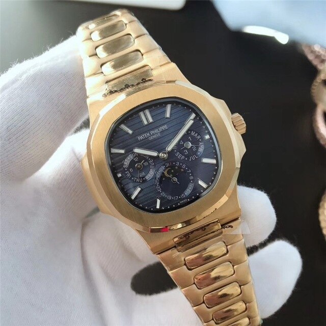 Patek- Philippe- New Automatic Mechanical Men Watch Silver Blue Stainless Steel Transparent Sapphire Glass Glide Watches 8654