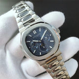 Patek- Philippe- New Automatic Mechanical Men Watch Silver Blue Stainless Steel Transparent Sapphire Glass Glide Watches 8654