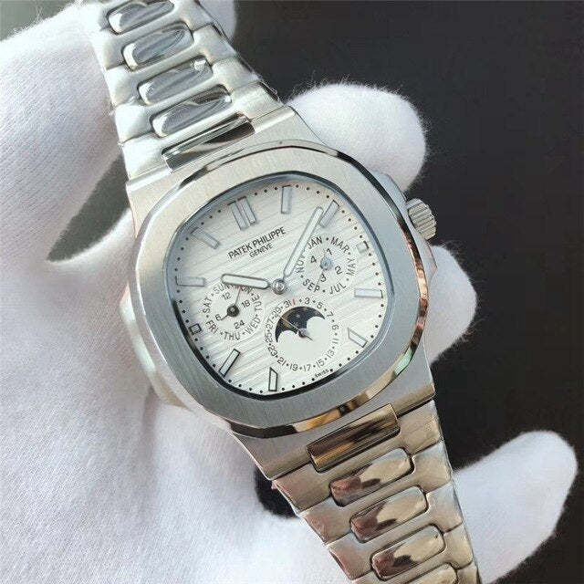Patek- Philippe- New Automatic Mechanical Men Watch Silver Blue Stainless Steel Transparent Sapphire Glass Glide Watches 8654