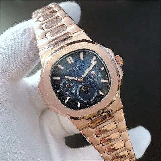 Patek- Philippe- New Automatic Mechanical Men Watch Silver Blue Stainless Steel Transparent Sapphire Glass Glide Watches 8654
