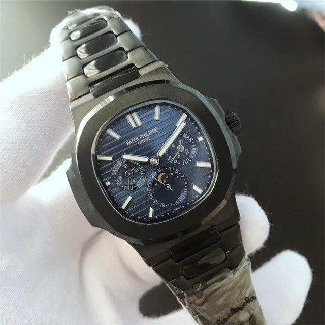 Patek- Philippe- New Automatic Mechanical Men Watch Silver Blue Stainless Steel Transparent Sapphire Glass Glide Watches 8654
