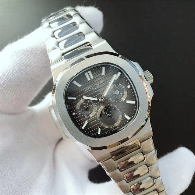 Patek- Philippe- New Automatic Mechanical Men Watch Silver Blue Stainless Steel Transparent Sapphire Glass Glide Watches 8654