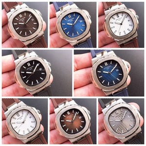 Patek- Philippe- New Automatic Mechanical Men Watch Silver Blue Stainless Steel Transparent Sapphire Glass Glide Watches 965