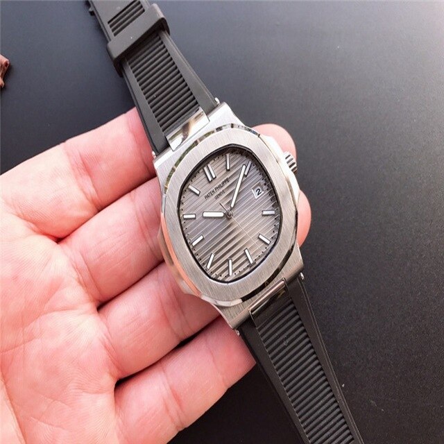 Patek- Philippe- New Automatic Mechanical Men Watch Silver Blue Stainless Steel Transparent Sapphire Glass Glide Watches 965