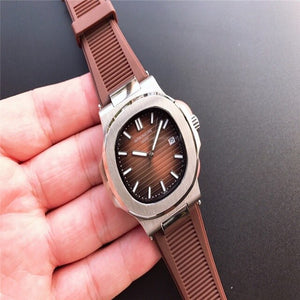Patek- Philippe- New Automatic Mechanical Men Watch Silver Blue Stainless Steel Transparent Sapphire Glass Glide Watches 965