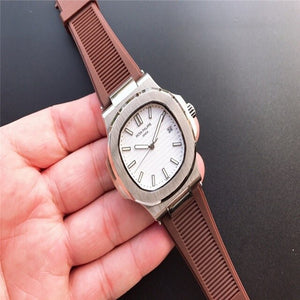 Patek- Philippe- New Automatic Mechanical Men Watch Silver Blue Stainless Steel Transparent Sapphire Glass Glide Watches 965