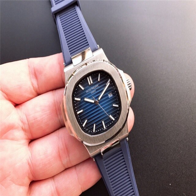 Patek- Philippe- New Automatic Mechanical Men Watch Silver Blue Stainless Steel Transparent Sapphire Glass Glide Watches 965