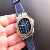 Patek- Philippe- New Automatic Mechanical Men Watch Silver Blue Stainless Steel Transparent Sapphire Glass Glide Watches 965