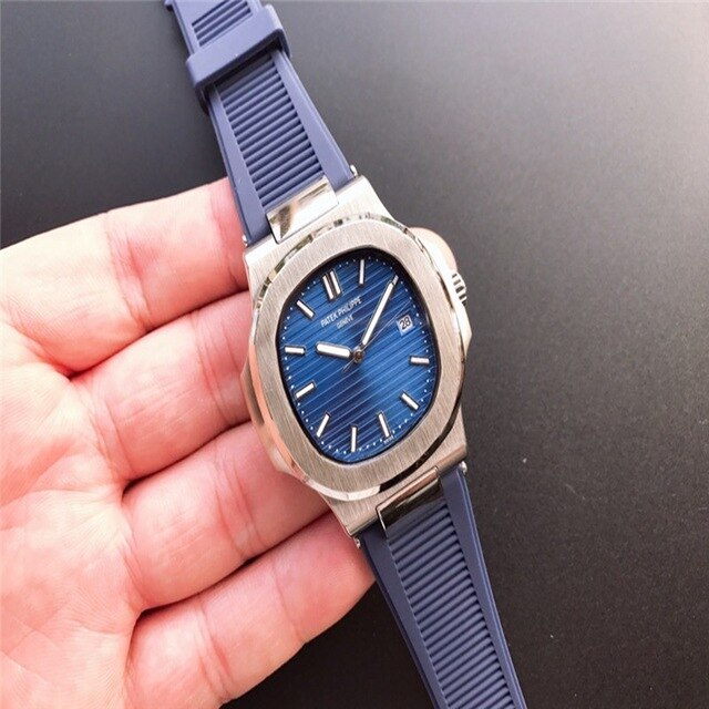 Patek- Philippe- New Automatic Mechanical Men Watch Silver Blue Stainless Steel Transparent Sapphire Glass Glide Watches 965