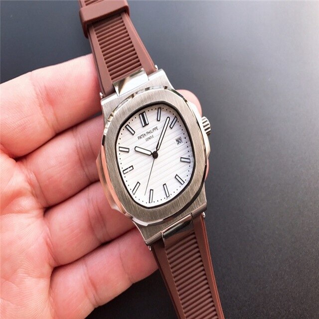 Patek- Philippe- New Automatic Mechanical Men Watch Silver Blue Stainless Steel Transparent Sapphire Glass Glide Watches 965