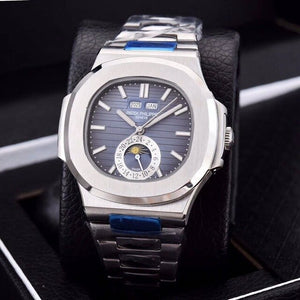 Patek- Philippe- New Automatic Mechanical Men Watch Silver Blue Stainless Steel Transparent Sapphire Glass Glide Watches 13435